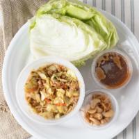 Thai Lettuce Wraps · Seasoned ground chicken the Thai soy, cashew nut, sweet onion, cabbage, carrot, crispy noodl...