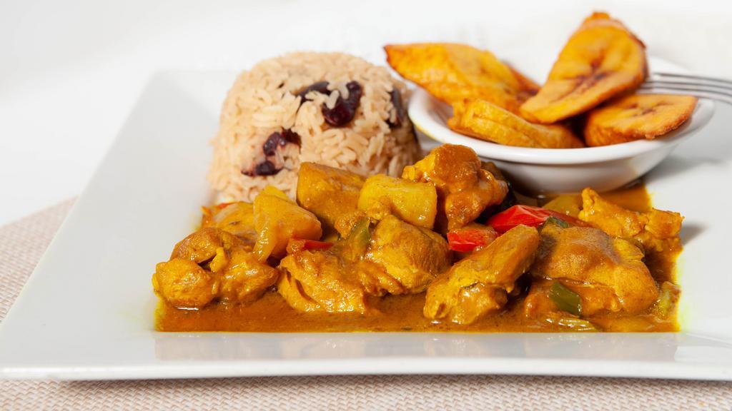 Curry Chicken · Boneless skinless chicken breast piece is simmered in a special blend of jamaican yellow curry healing turmeric and a blend or garlic ginger and allspice for a savory meal. served with soup or salad and an additional side.