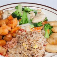 Deluxe Combination · Broccoli chicken, pork fried rice, sweet and sour pork, fried shrimp.