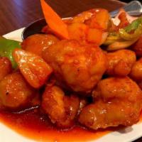 Sweet & Sour Chicken · Served with fried rice egg roll & soup.