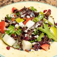Insalata Al’ Gusto · Organic greens, roasted pecans, gorgonzola cheese, candied cranberries, slices of pears and ...