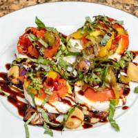 Plato Rustico · Grilled eggplant, tomatoes, buffalo mozzarella cheese, roasted bell peppers, garlic, and a t...