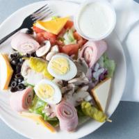 Chef Salad · Lettuce, tomatoes, onions, olives, green peppers, mushrooms, ham, turkey, American, Swiss ch...