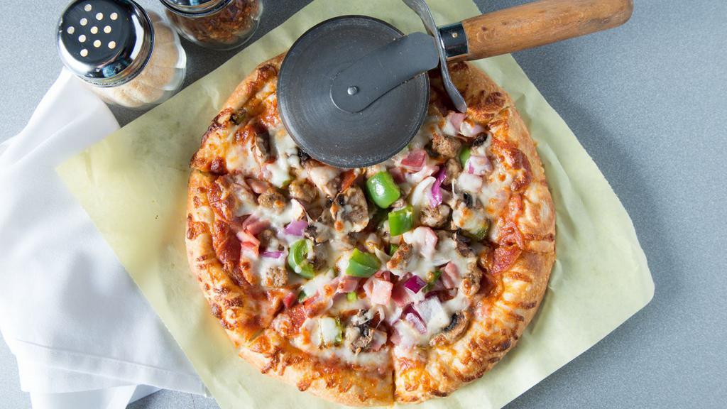 Supreme Pizza · Mozzarella, pepperoni, ham, sausage, onion, mushrooms and green peppers.