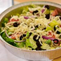 Garden Salad · Romain lettuce, cucumbers, tomatoes, black olives, red onions, mozzarella cheese. Served wit...