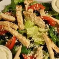 Grilled Chicken Salad · Grilled chicken strips, romaine, olives, tomatoes, parmesan romano cheese, and your choice o...