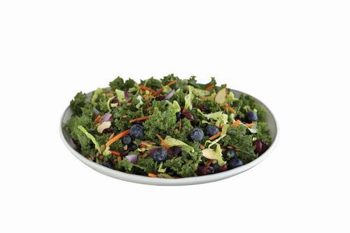 Kale Superfood Salad · Kale, blueberries, green cabbage, carrots, dried cranberries, roasted sunflower seeds, red onion, and almonds tossed with a pomegranate blueberry vinaigrette.