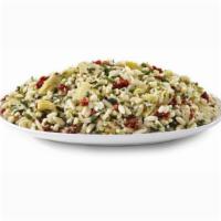 Greek Orzo Salad · Orzo, kalamata olives, red, yellow, and green bell pepper and feta tossed with a rice wine v...