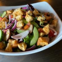 House - Big · mixed greens, tomato, cucumbers, red onion,  mushrooms, house croutons with balsamic vinaigr...
