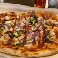 Space Cowbay · house-made beer bbq sauce, red onion, chicken, bacon, pecorino-romano, white cheddar,   fini...