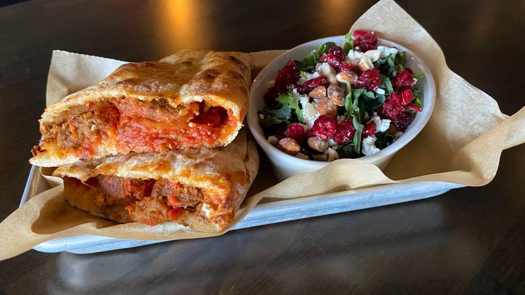 Primo Sammy + Salad · the ultimate meatball sub/sammy: two hand made meatballs, red sauce, parmesan, cheddar, mozzarella