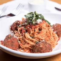 Spaghettini & Meatballs · Spaghettini e polpette. Tuscan beef-duroc pork-veal meatballs, house marinara, thin spaghett...