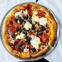 Kitchen Sink Pizza · Pepperoni, Sausage, Black Olives, Red Onion, Mushrooms, Ricotta, Mozzarella & Parmesan