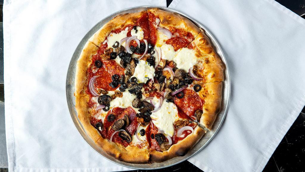 Kitchen Sink Pizza · Pepperoni, Sausage, Black Olives, Red Onion, Mushrooms, Ricotta, Mozzarella & Parmesan