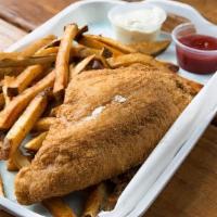 Fried Catfish Basket · Catfish filet and two sides.