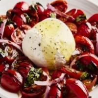 Tomato Caprese With Fresh Burrata · Creamy burrata mozzarella, tomatoes, fresh basil, red onions, balsamic glaze, drizzled with ...