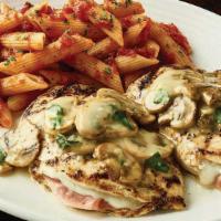 Pollo Rosa Maria · Wood-grilled chicken stuffed with fontina cheese and prosciutto, then topped with mushrooms ...