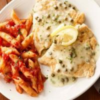 New!  Family Bundle Chicken Piccata · Thin, tender cutlets of chicken lightly dusted with flour, sauteed and topped with lemon but...