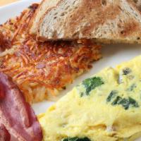 3 Egg Omelet · Colorado Proud Eggs / 2 Fillings / Hash Browns / 
Choice of Toast / Choice of Breakfast Meat...