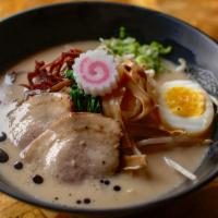 Tonkotsu Zen · Ramen noodle, pork base, chashu pork(2pcs). Wood ear mushrooms, bamboo shoots, bok choy. Bea...