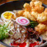 Tonkotsu Shrimp Spicy · Ramen noodle, pork base, fried shrimp, bamboo shoots, bean sprouts. Bok choy, fish cake, woo...