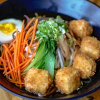 Veggie Love · Ramen noodle, soy base, deep fried tofu, carrots, wood ear mushrooms, bamboo shoots, bok cho...