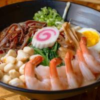 Tonkotsu Spicy Seafood Miso · Ramen noodle, pork base, miso base, scallops, shrimp, wood ear mushrooms, bamboo shoots, bok...