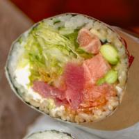 Dancing Sushi Burrito* · Sushi rice, tuna, fried shrimp, salmon, edamame, avocado, cucumber, lettuce, cream cheese, w...