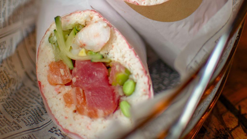 Zen Sushi Burrito* · Spicy tuna, shrimp, salmon, edamame, crab salad, sweet onion, avocado, cucumber, soy crepe, no rice.