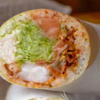 Tcm Sushi Burrito* · Sushi rice, shrimp, salmon, crab salad, avocado, lettuce, potato, soy crepe, spicy mayo, kim...