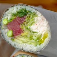 Tuna Love Sushi Burrito* · Sushi rice, tuna, edamame, crab salad, cucumber, avocado, lettuce, yellow radish, seaweed sa...