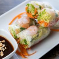 Fresh Spring Roll (2) · Rice paper-wrapped spring rolls with shrimp, pork, herbs, and glass noodles.