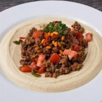 Hummus With Kafta Beef* · ground beef mixed with minced onions, diced tomatoes, jalapeno, parsley, mediterrranean seas...