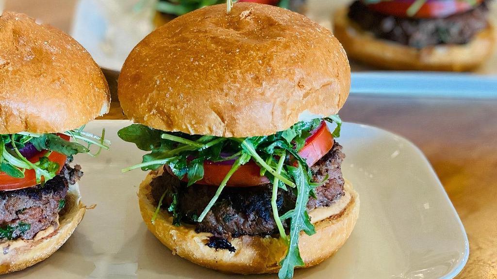 Kafta Beef* Burger · hand-formed beef and pomegranate molasses patty, mixed with minced parsley, jalapenos and onions, baby arugula, hothouse tomato, sliced red onions, sumac, chipotle hummus, bun