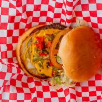 Green Chile Cheeseburger · Single meat with cheese, green chile, lettuce, tomatoes, onion and mustard. Served with frie...