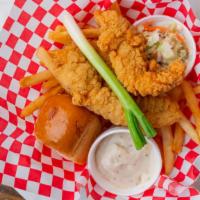 Chicken Strip Dinner · Three tender strips of battered chicken, deep fried and served with French fries, gravy, col...
