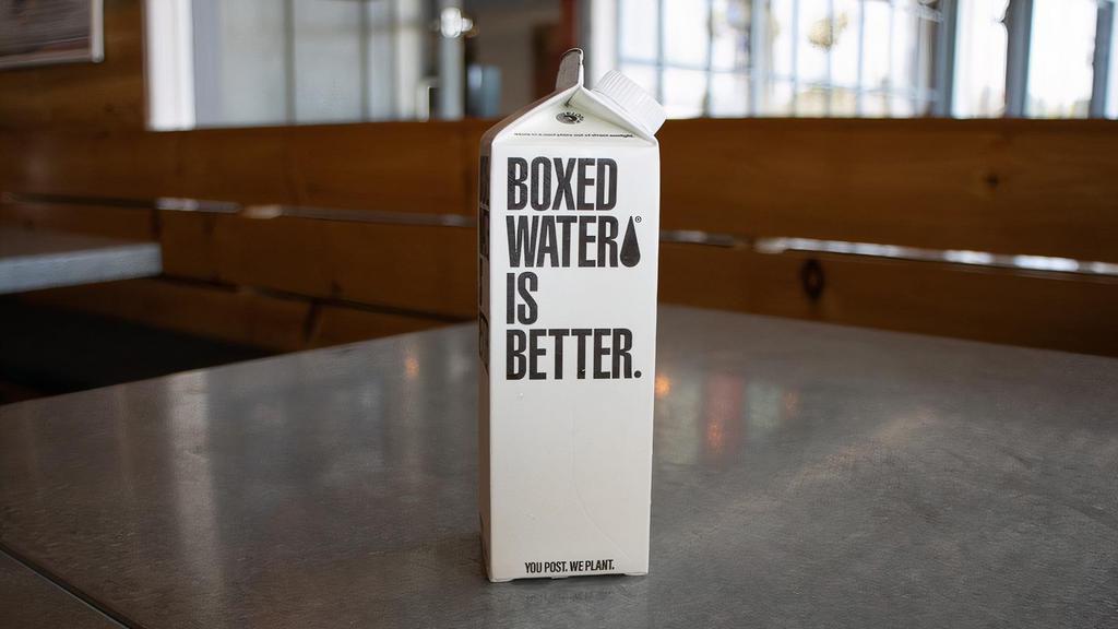 Boxed Water · We don't carry plastic bottles our store because of the amount of plastic bottles discarded in the ocean. Buy some boxed water instead!