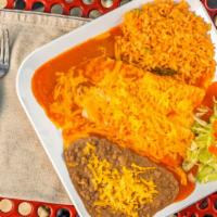 Cheese Enchilada Dinner · 2 Cheese Enchiladas with Beans and Rice