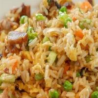 Bbq Pork Fried Rice · Authentic fried rice cooked with egg, peas and carrots, green onions.