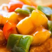 Sweet And Sour Chicken · Battered chicken covered with sweet and sour sauce, pineapple, carrots, bell pepper and whit...