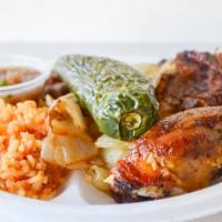 3 Pieces Chicken · 3 Piece chicken meal served with rice and beans, tortillas and salsa.