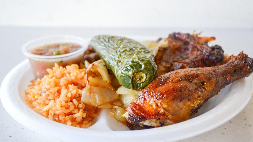 2 Pieces Chicken · With rice and beans, tortillas and salsa