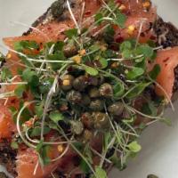 Smoked Salmon Toast · smoked salmon, cream cheese, microgreens, dill, capers, salt, pepper and olive oil