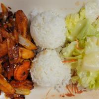 Spicy Chicken Teriyaki · Served with steamed rice and salad.