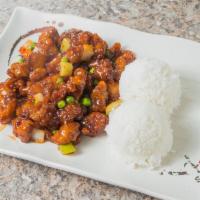 General Taos Chicken · Served with steamed rice (no salad).