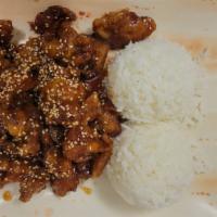 Sesame Chicken · Served with steamed rice (no salad).