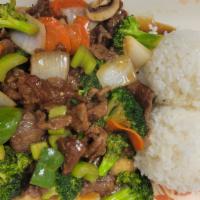 Broccoli Beef · Served with steamed rice (no salad).