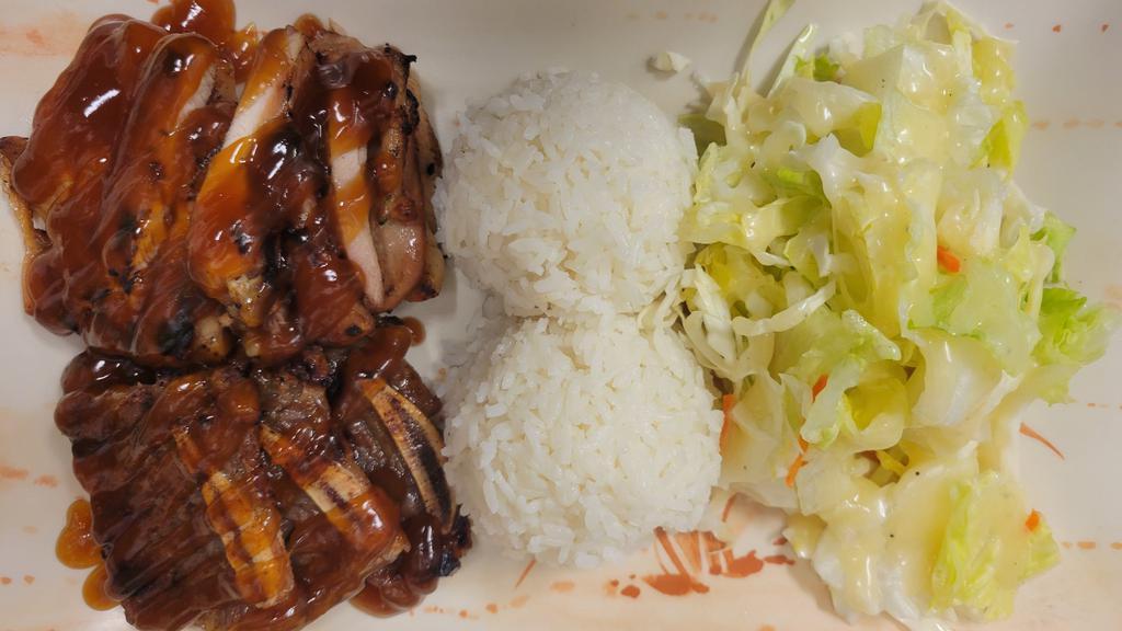 Chicken & Short Rib · Combination of chicken teriyaki and beef short ribs. 
Served with steamed rice and salad.