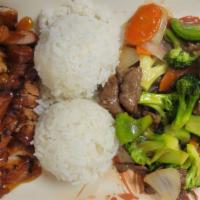 Broccoli Beef + Chicken Teriyaki · Served with steamed rice (no salad).