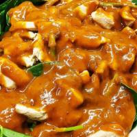 Swimming Rama · Sauteed chicken, tofu or prawns served on a bed of spinach and topped with peanut sauce.
